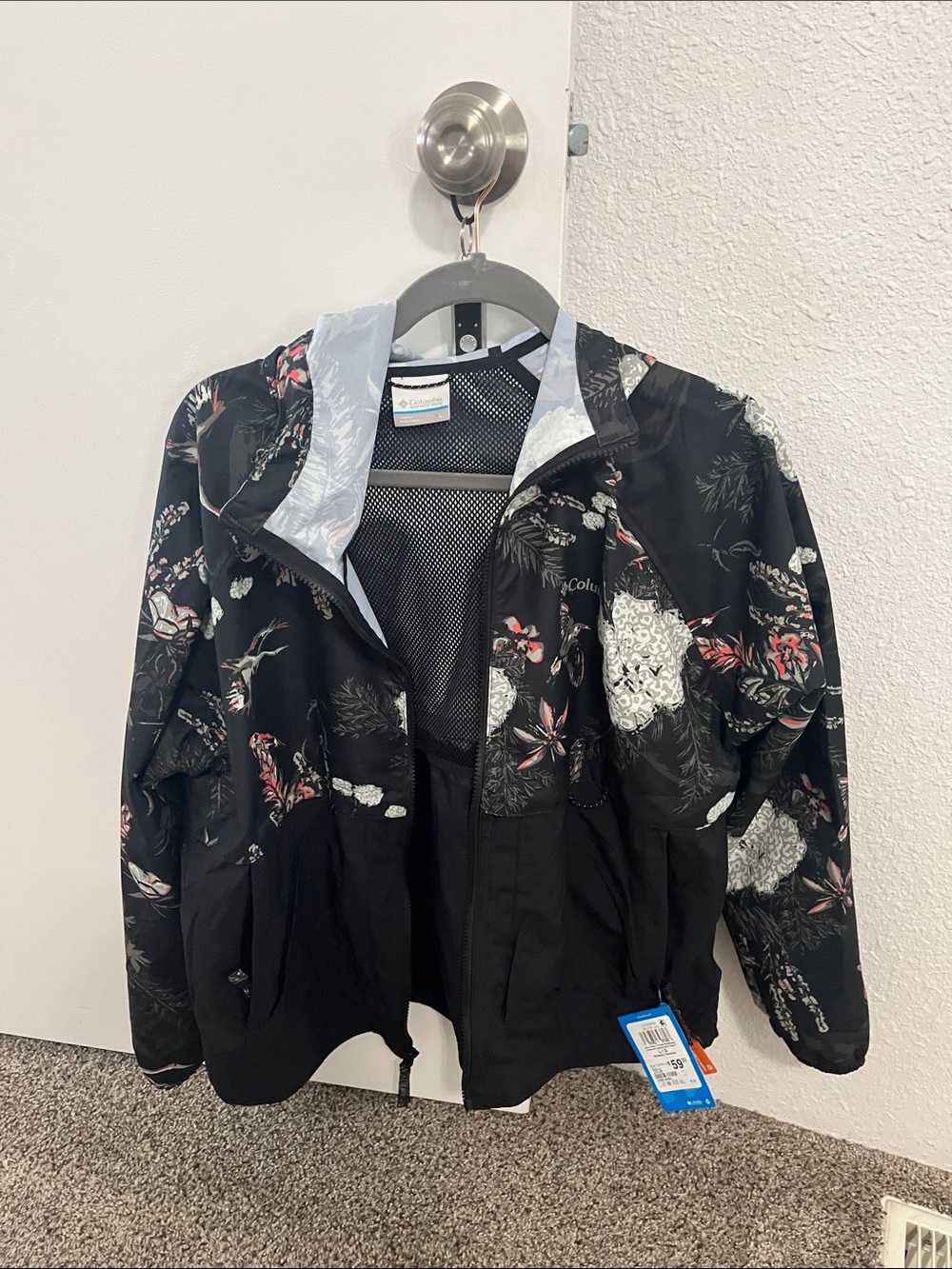 Columbia Black Floral Hooded Windbreaker